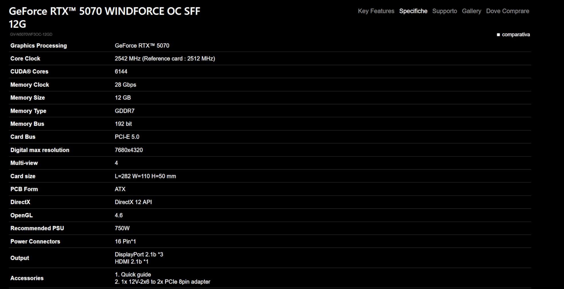 Gigabyte Windforce OC RTX 5070 scheda video 12GB GDDR7