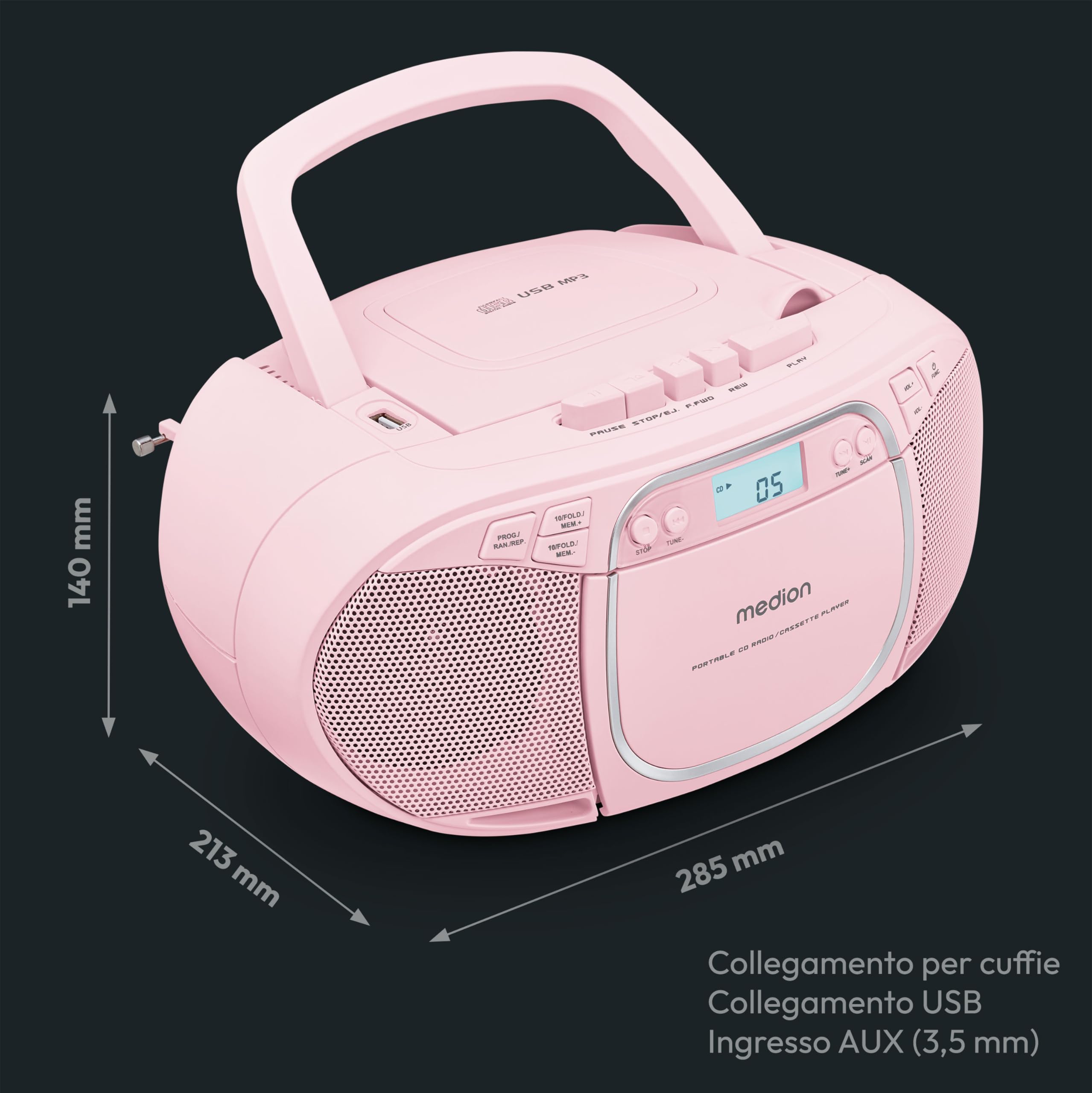 Medion E66476 boombox stereo rosa con CD cassette
