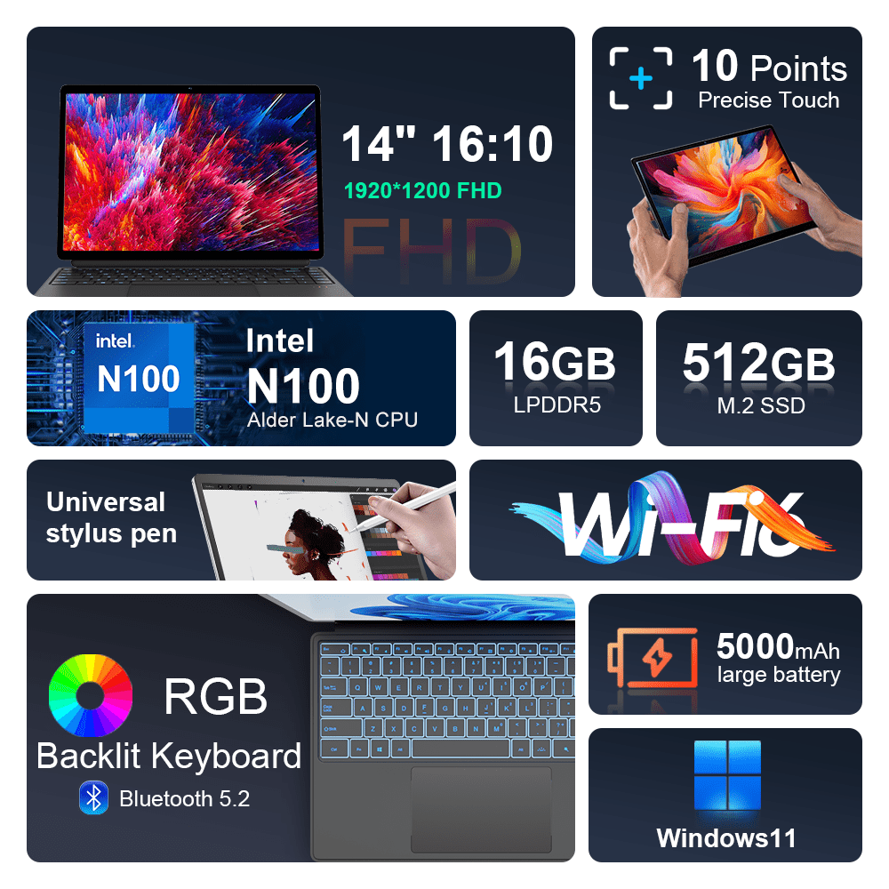 Ninkear T40 2-in-1 tablet laptop 14" N100 16GB/512GB