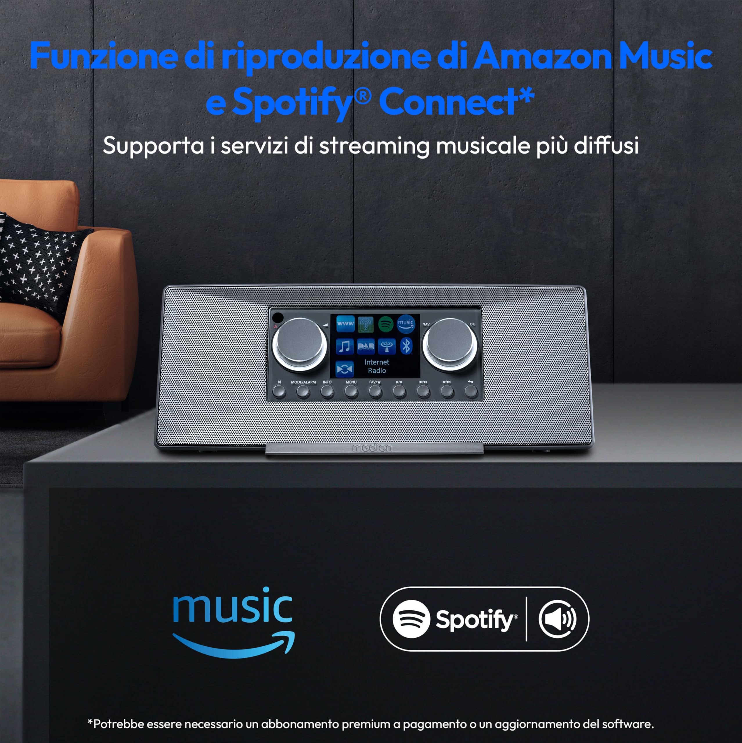 MEDION P85333 radio internet DAB+ WLAN grigia Spotify