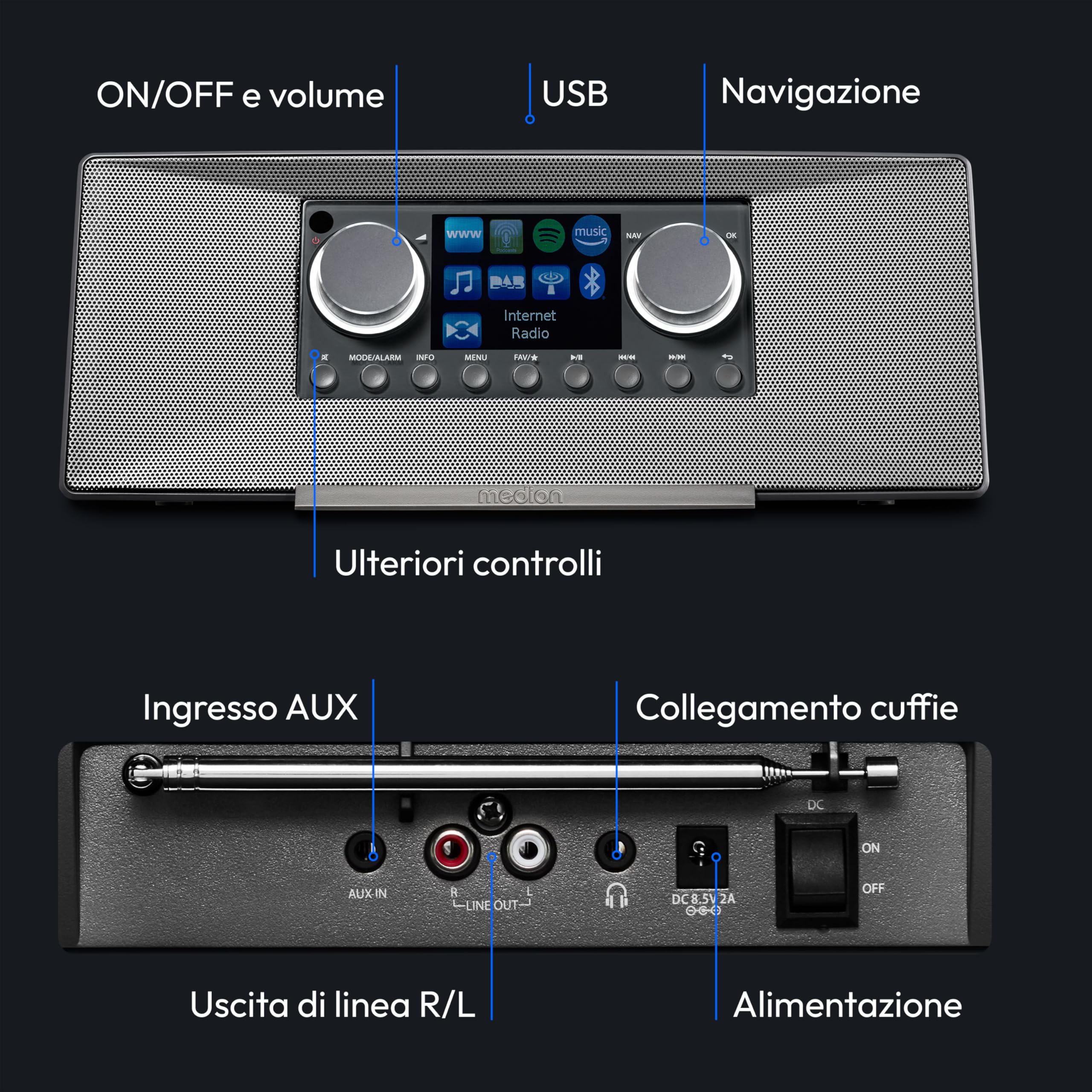 MEDION P85333 radio internet DAB+ WLAN grigia Spotify