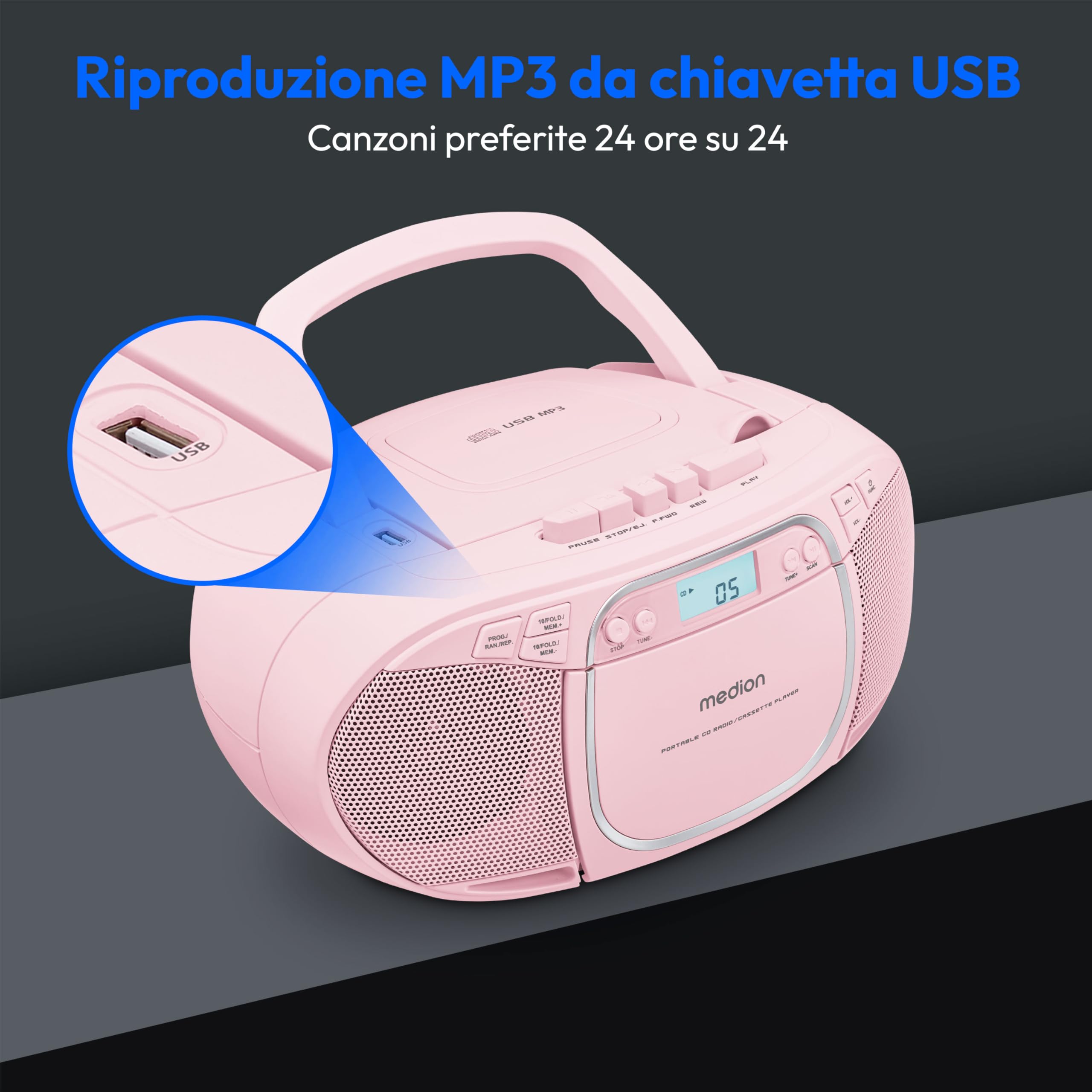 Medion E66476 boombox stereo rosa con CD cassette