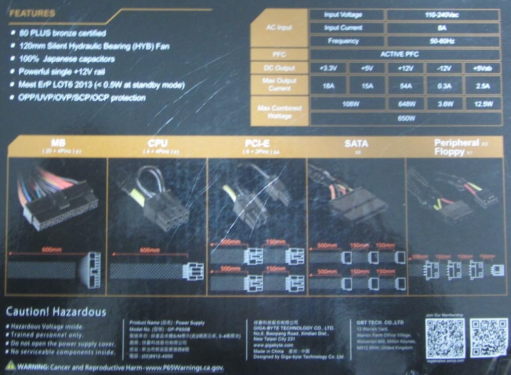 GIGABYTE G650B Alimentatore 650W 80 Plus Bronze