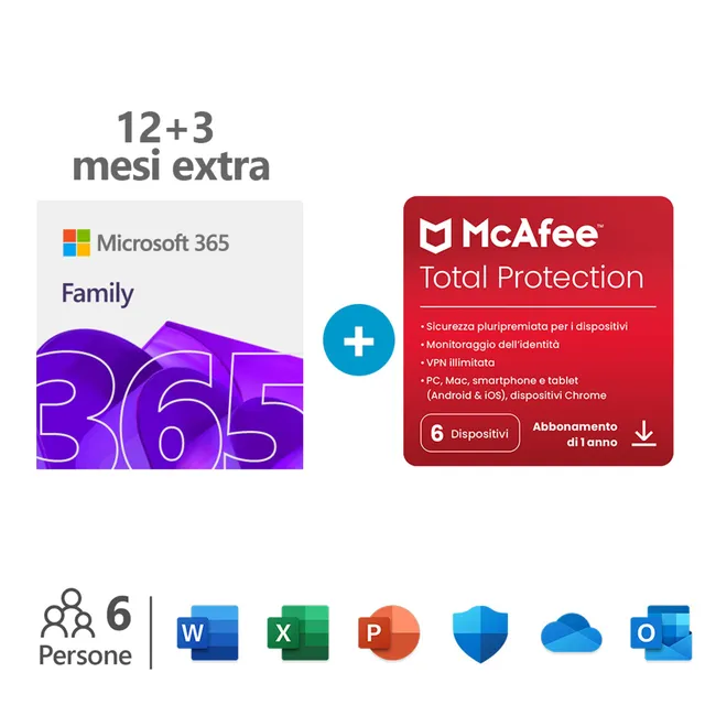 Microsoft 365 Family abbonamento 15 mesi 6 persone + McAfee