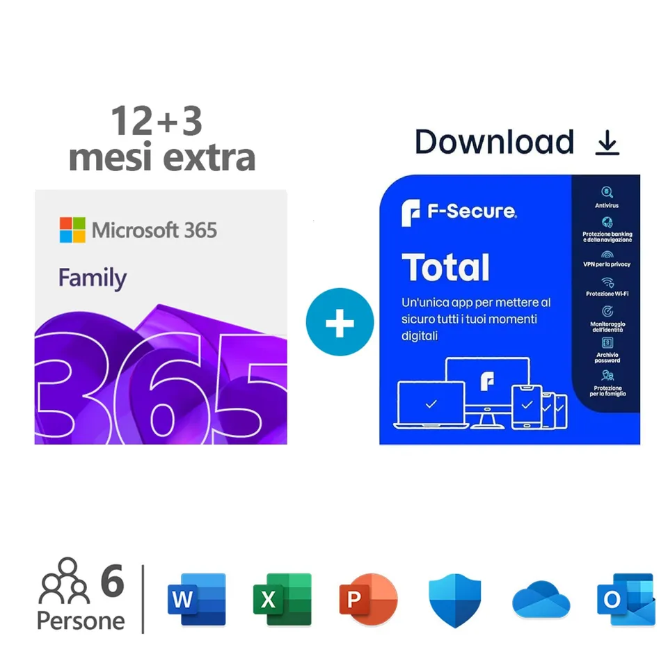 Microsoft 365 Family 15 mesi + F-Secure Total 5 dispositivi