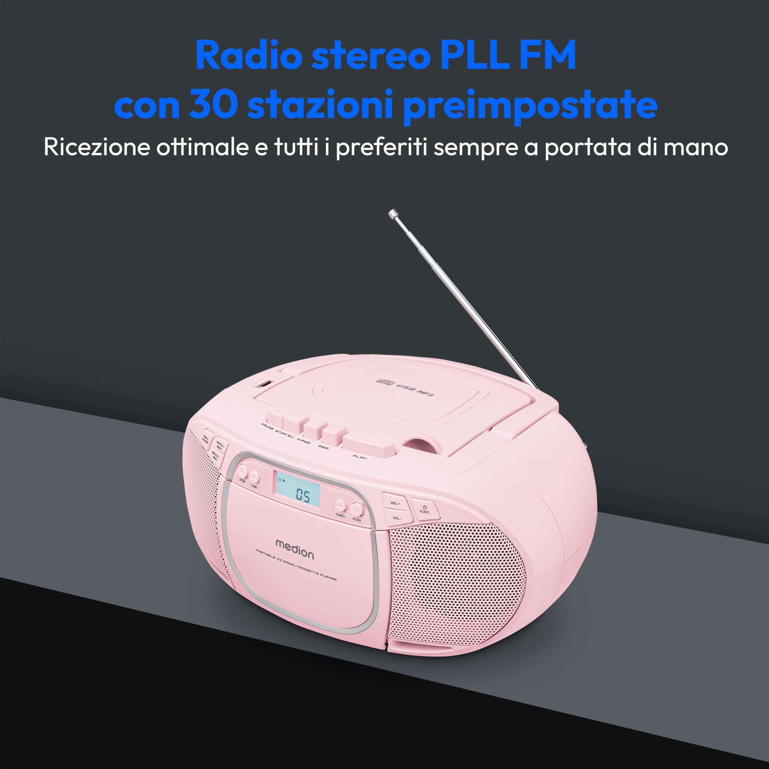 Medion E66476 boombox stereo rosa con CD cassette